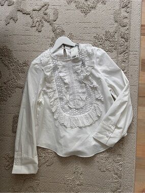 H&M White Lace Ruffle Bib Front Blouse